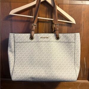 Michael Kors Cream Logo Canvas Tote with Tan Straps